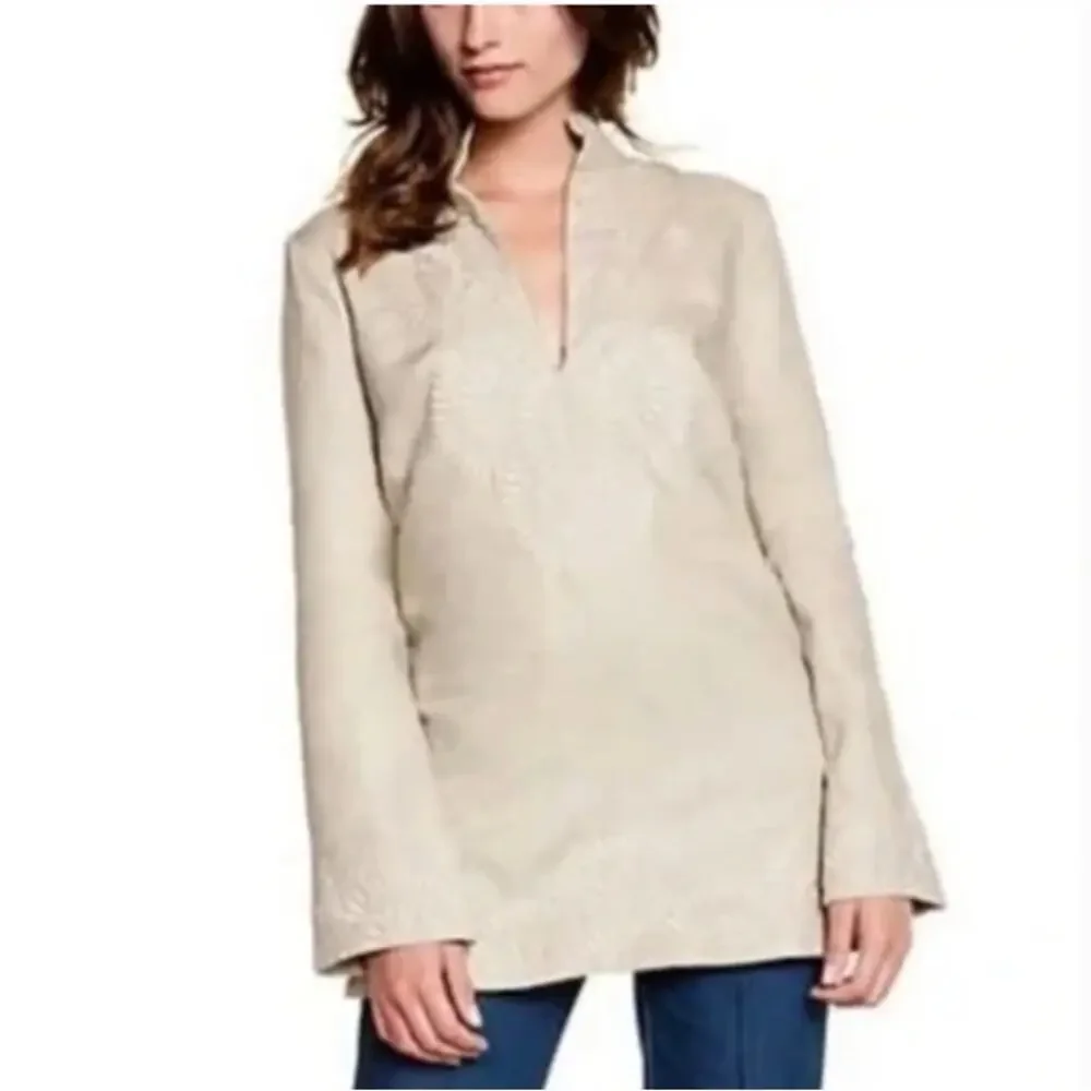 Tory Burch 100% Linen Tunic Top 6 Embroidered Mandarin Collar Natural *flaw